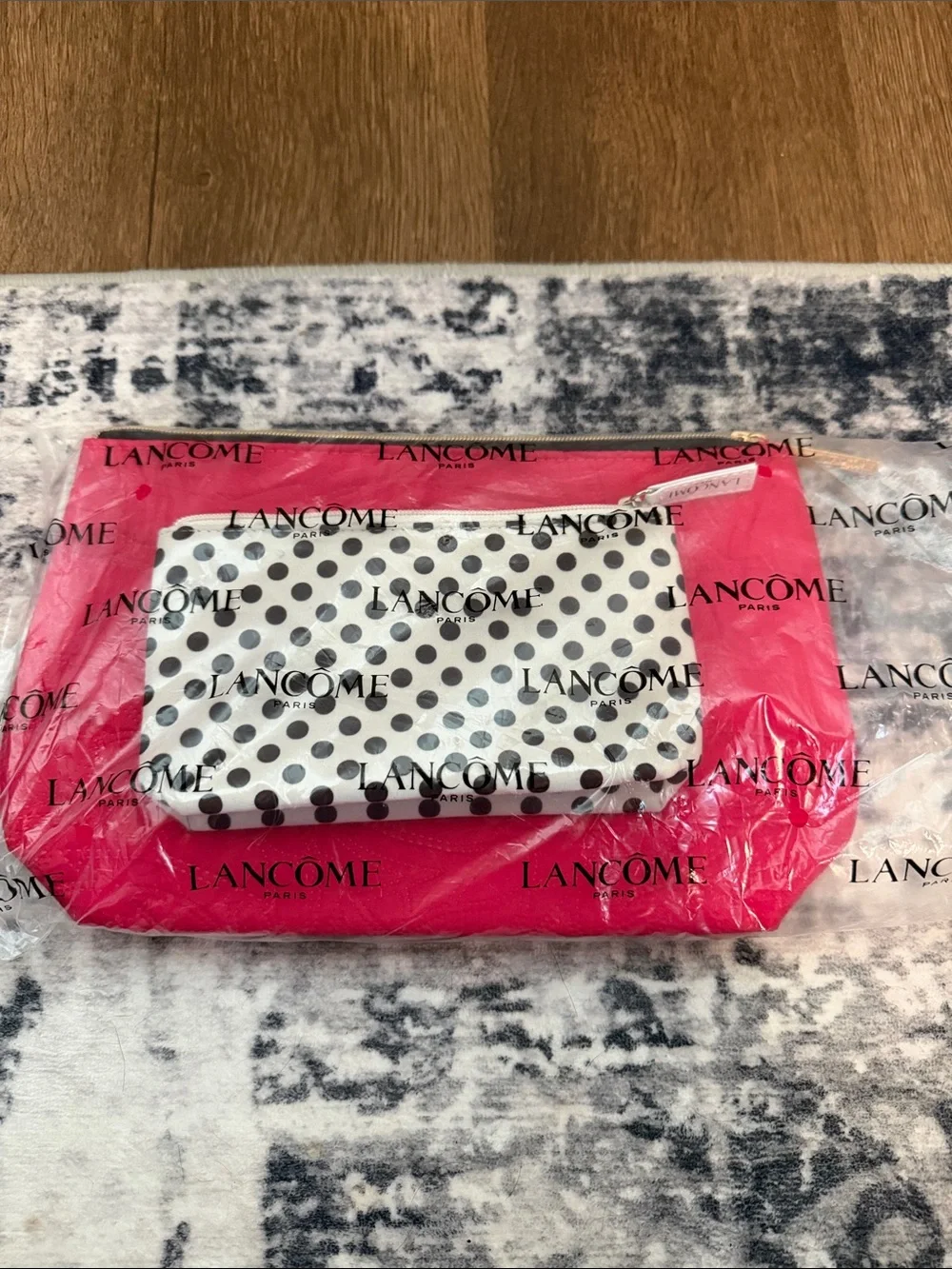 Lancome Pink Quilted Cosmetic Pouch and Polka Dot Zip Cosmetic Pouch